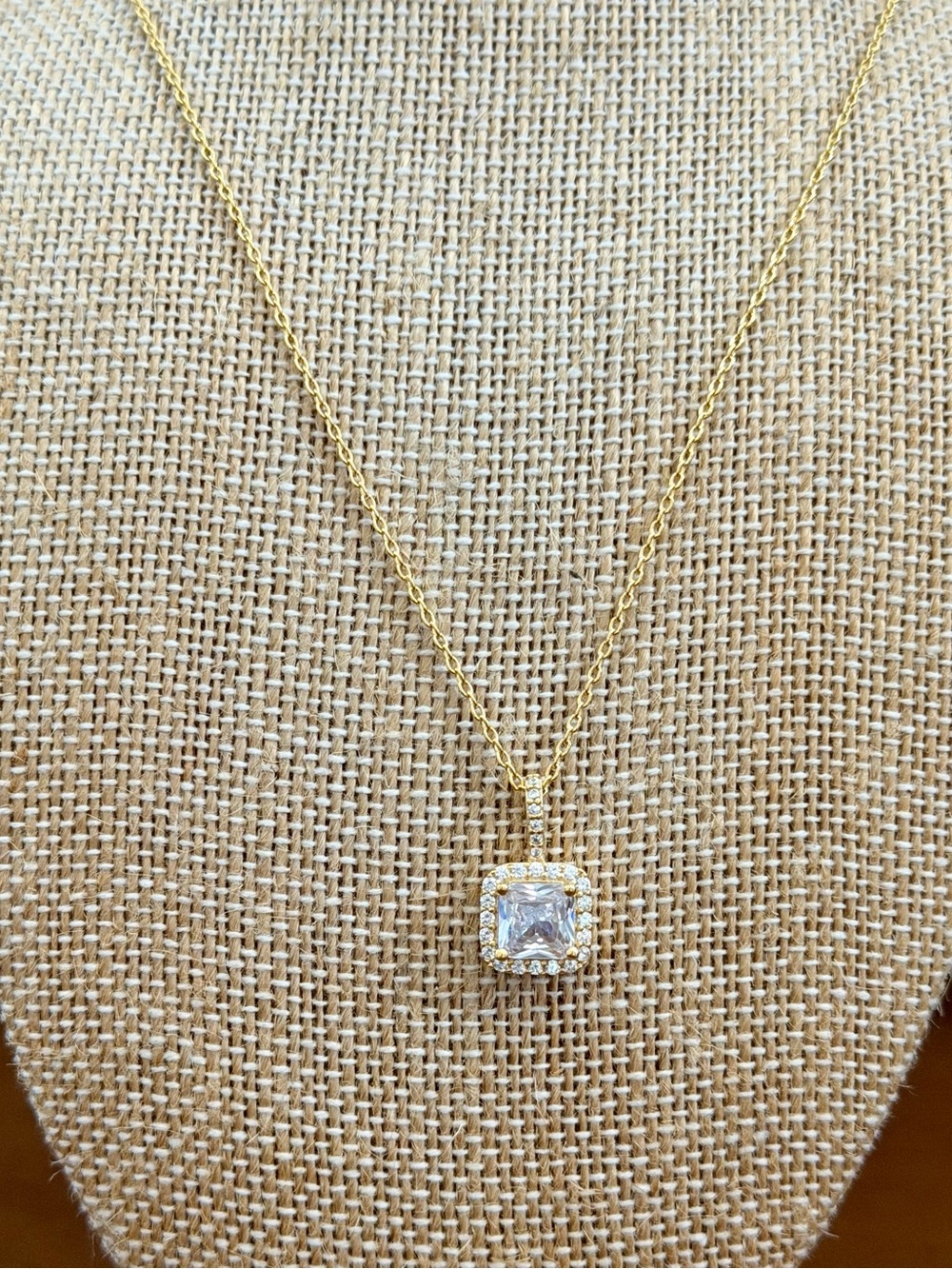 Must Have Gold Square Halo Pendant Necklace with Clear Stone - Women Jewelry